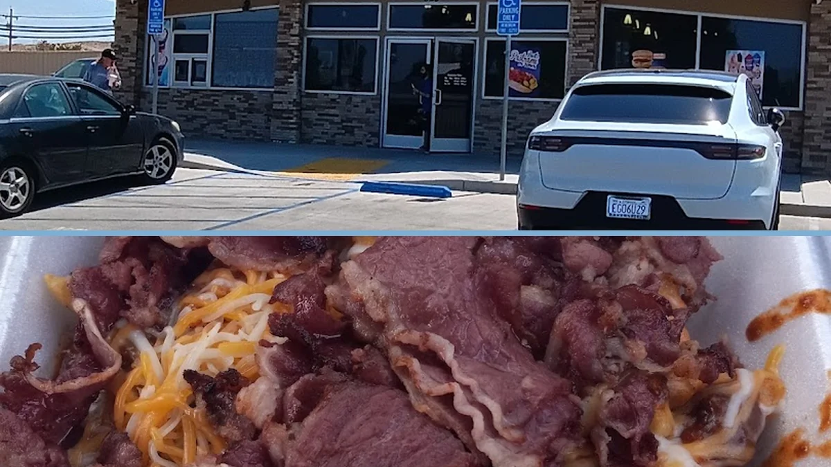 Drive-in restaurant exterior with parking spaces