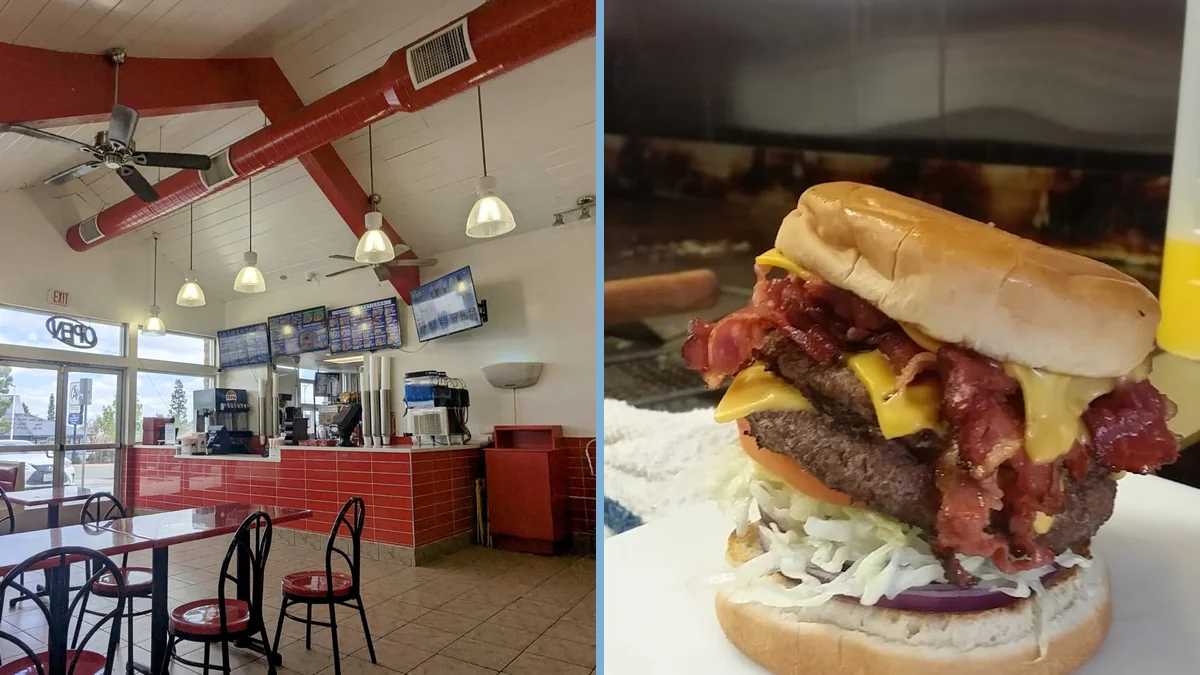 Drive-in restaurant exterior with parking spaces